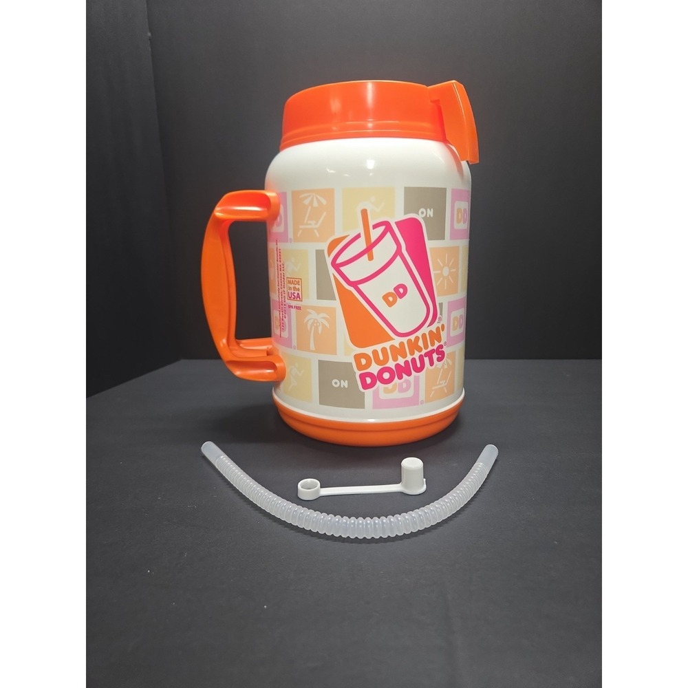 2014 Dunkin Donuts Insulated Drink Jug 64 oz Orange Pink Cooler w Straw NWT 2014 - Picture 2 of 7